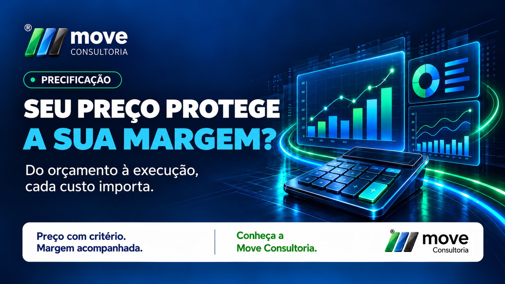 Arte da Move Consultoria com a pergunta “Seu preço protege a sua margem?”, calculadora e dashboards de custos, sobre precificação de transporte executivo.