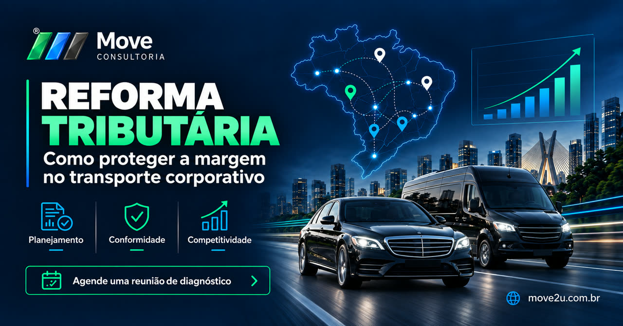 Capa do artigo sobre reforma tributária no transporte corporativo, com mapa do Brasil, rotas conectadas, gráfico de crescimento, carro executivo e van sobre fundo urbano noturno.