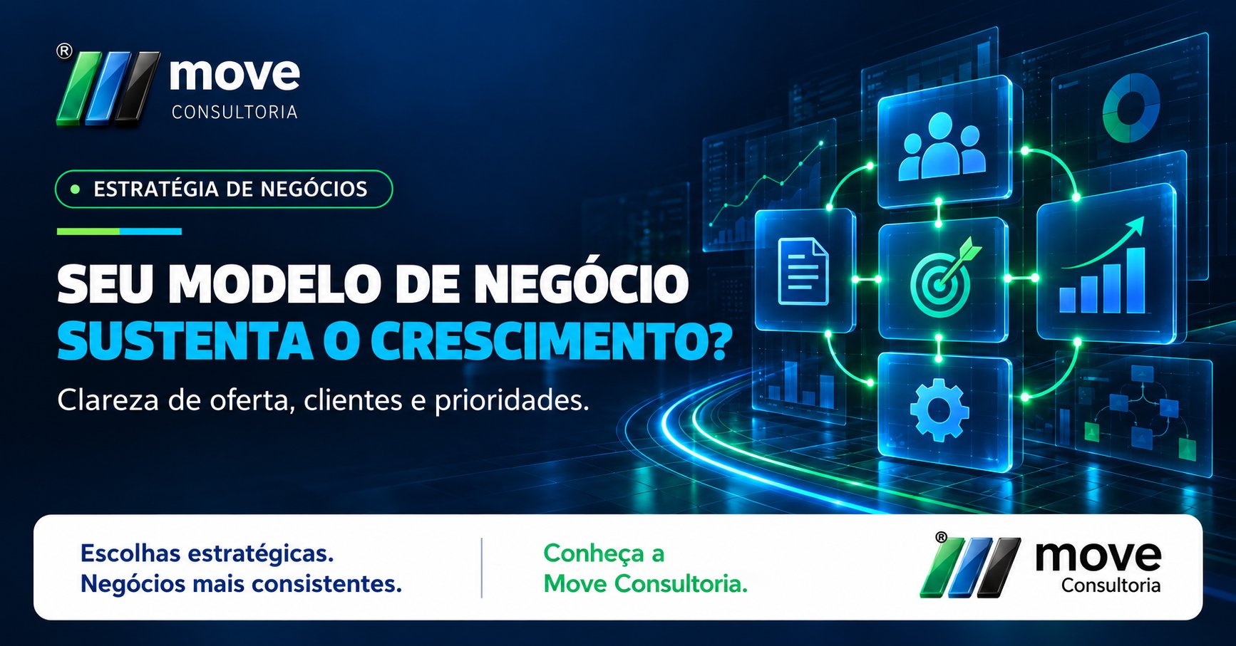 Arte da Move Consultoria sobre modelo de negócio para empresas de transporte, com foco em estratégia, oferta, clientes e crescimento sustentável.