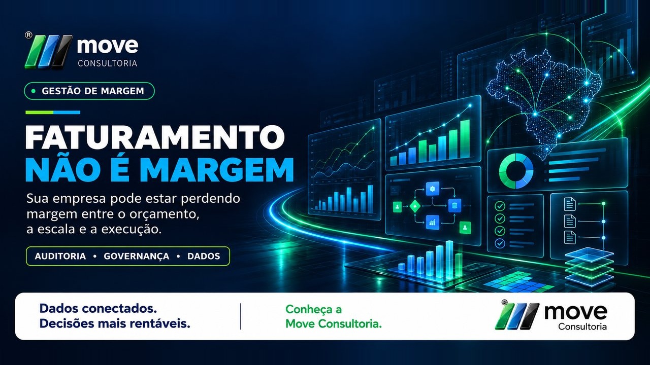 Capa do artigo Faturamento não é margem, com painéis de indicadores, gráficos de desempenho, mapa do Brasil com rotas conectadas e a marca Move Consultoria sobre fundo azul escuro.